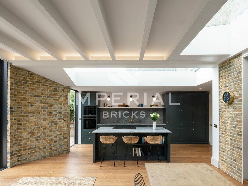 Interior exposed brickwork in a single storey extension, using Light Weathered Original London Stock handmade bricks.