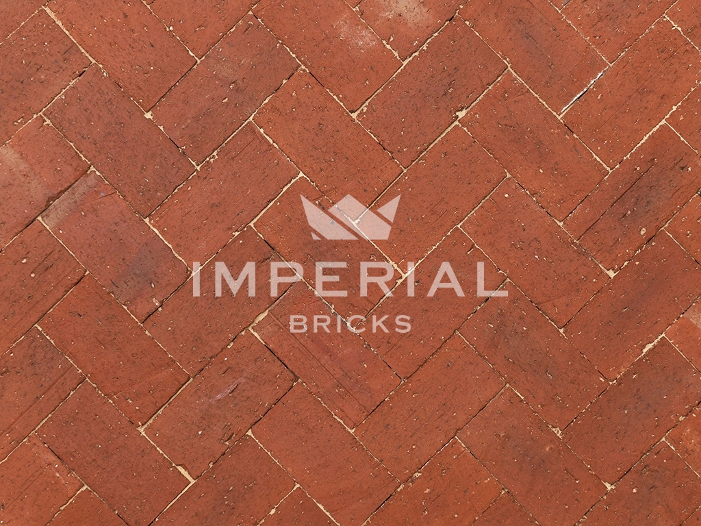 Russet extruded brick pavers laid in the ground. The pavers are a multi-tonal red colour with a dragfaced wire cut texture.