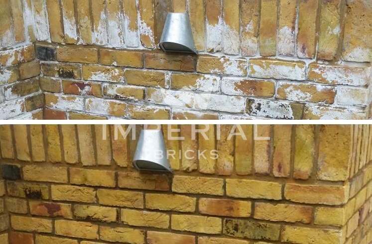 Image of 4-5 courses of yellow brickwork with efflorescence on them. The same brickwork is shown underneath after having the efflorescence removed/treated.