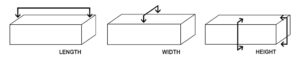 Diagram showing how to measure the length, width and height of a clay brick.