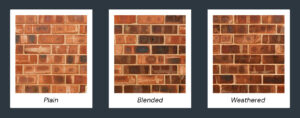 A row of 3 images of dual faced bricks in a wall, showing different ways to lay dual faced bricks. The first on the left shows all plain (unweathered) bricks, the second image in the middle shows blended (mixed plain and weathered) bricks, and the third image on the right shows all weathered bricks. 