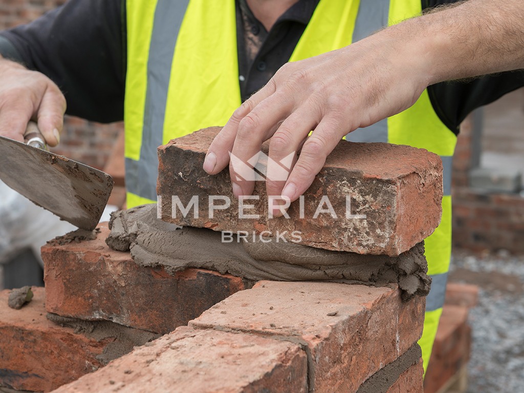 Contractor wearing a hi-vis vest laying bricks on a construction site.