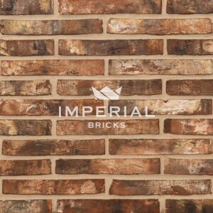 Linear 129 handmade bricks shown in a wall. The bricks feature hues of browns, reds, yellows and some purple tones.