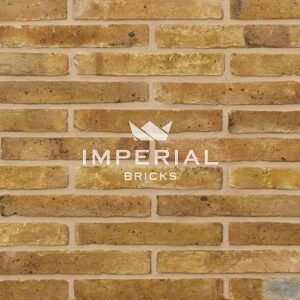 Linear 130 handmade bricks shown in a wall. The bricks are mustard yellow with some shade variations and prominent coal spotting.