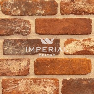 Tumbled Regency Multi handmade bricks shown in a wall. The bricks are mixed orange and red colours with soft edges and an aged reclaimed appearance.