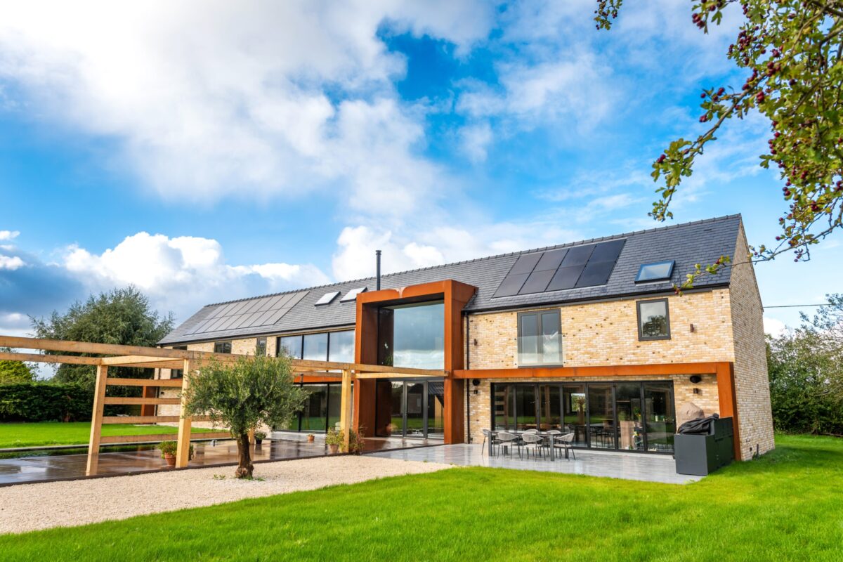 Rear view of Grand Designs property built using Tumbled Cambridge Buff handmade bricks.