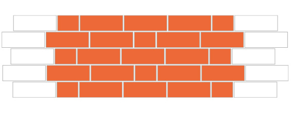 A drawing of Flemish Garden Wall brick bond (also called Sussex Bond). There is a repeating pattern of three stretchers followed by one header in each course (row).