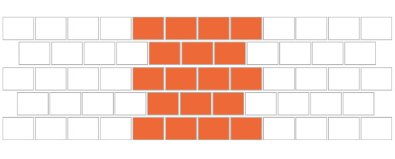 A drawing of Header brick bond. Every course (row) is made up of headers, with each course alternating by half a brick so the vertical mortar joints above and below each brick are central.