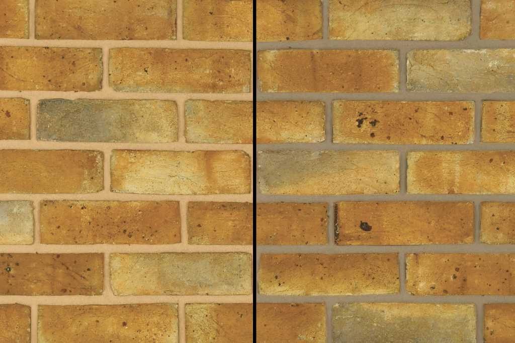 Comparison of light and dark mortar used with the same London yellow bricks. The light mortar brightens the brick colours, while the dark mortar tones them down.