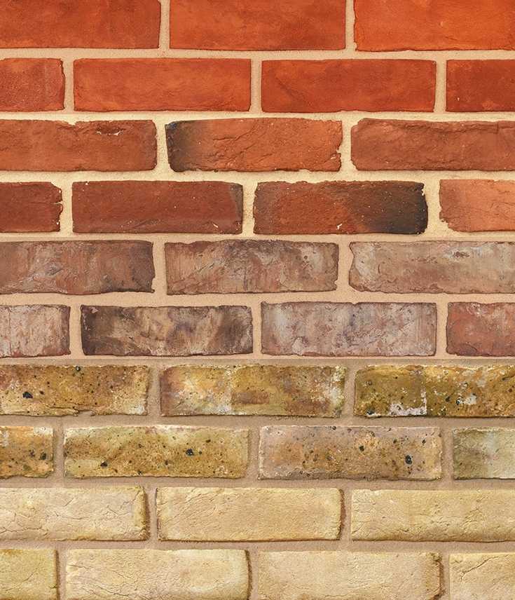 Regional brick colours representing areas of the UK. Red bricks are at the top, followed by red/orange multi, dark brown multi, London yellow stocks and buff bricks.