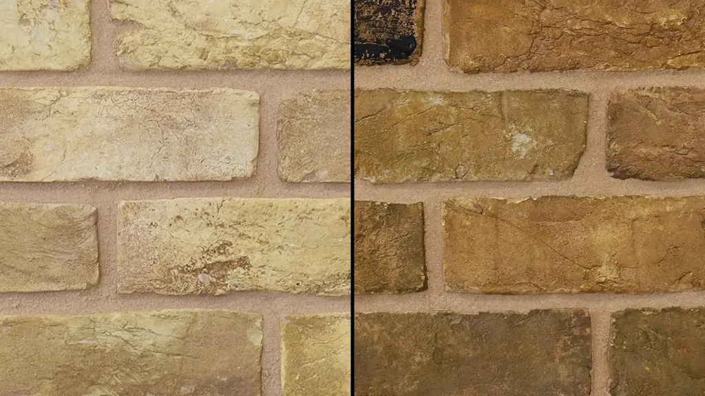 Comparison image of new, plain handmade yellow London stock bricks alongside an intentionally weathered and aged version. The aged bricks could be mistaken for reclaims, showing what can be achieved to replicate years of exposure to pollution and weather in London.