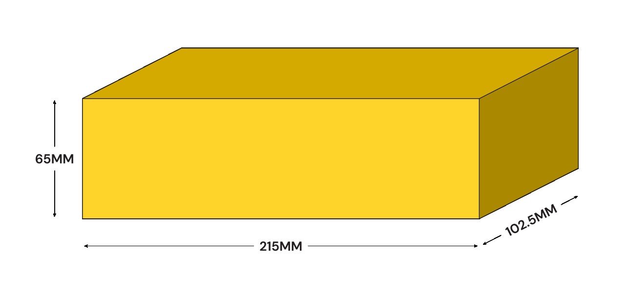 Drawing of metric size yellow London stock brick with sizes labelled 215mm length, 102.5mm width and 65mm height.
