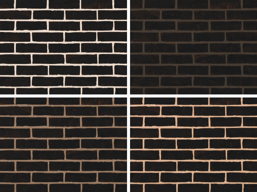 Comparison of brick mortar colours with dark bricks (Imperial's Sapphire Black) in a grid format, showing white, charcoal, grey and buff mortars.