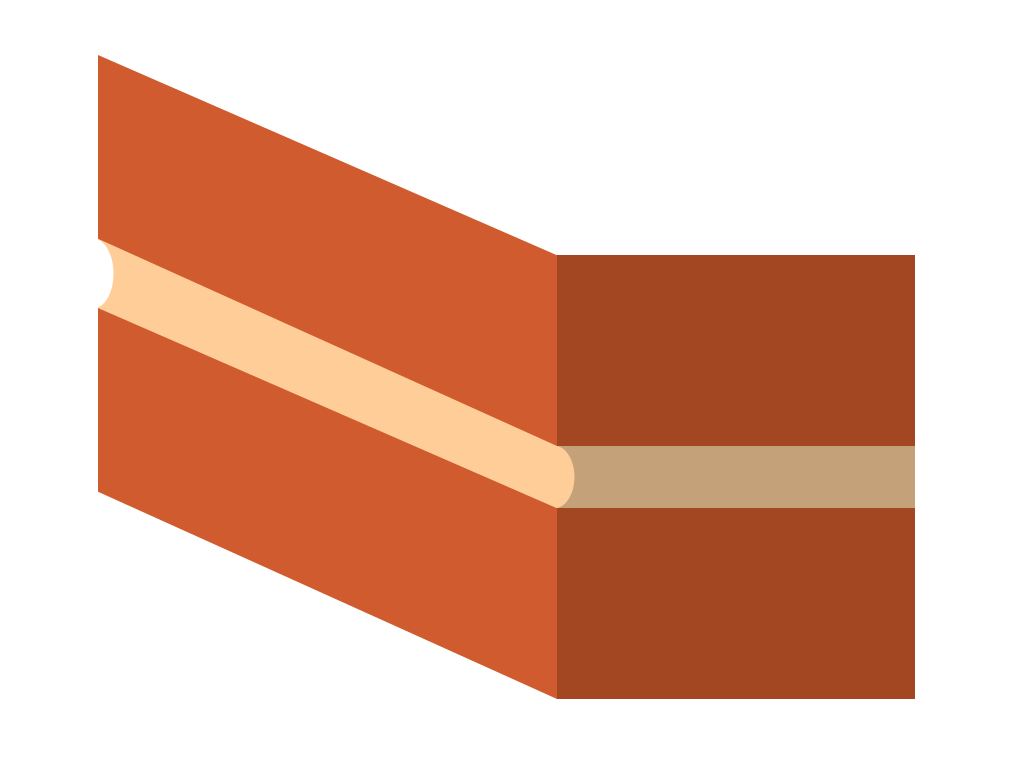 A drawing of a concave (also known as bucket handle) brick mortar joint profile. The mortar is curved inwards, dipping slightly below the brick faces.
