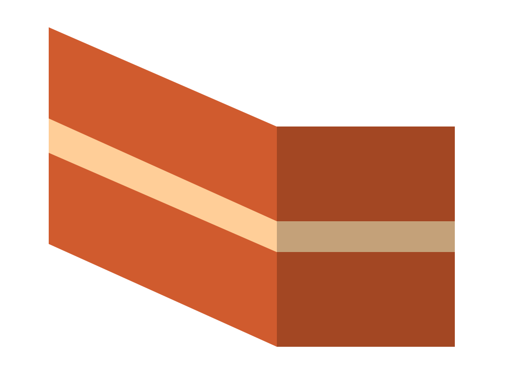 A drawing of a flush brick mortar joint profile. The mortar is level with the brick faces.