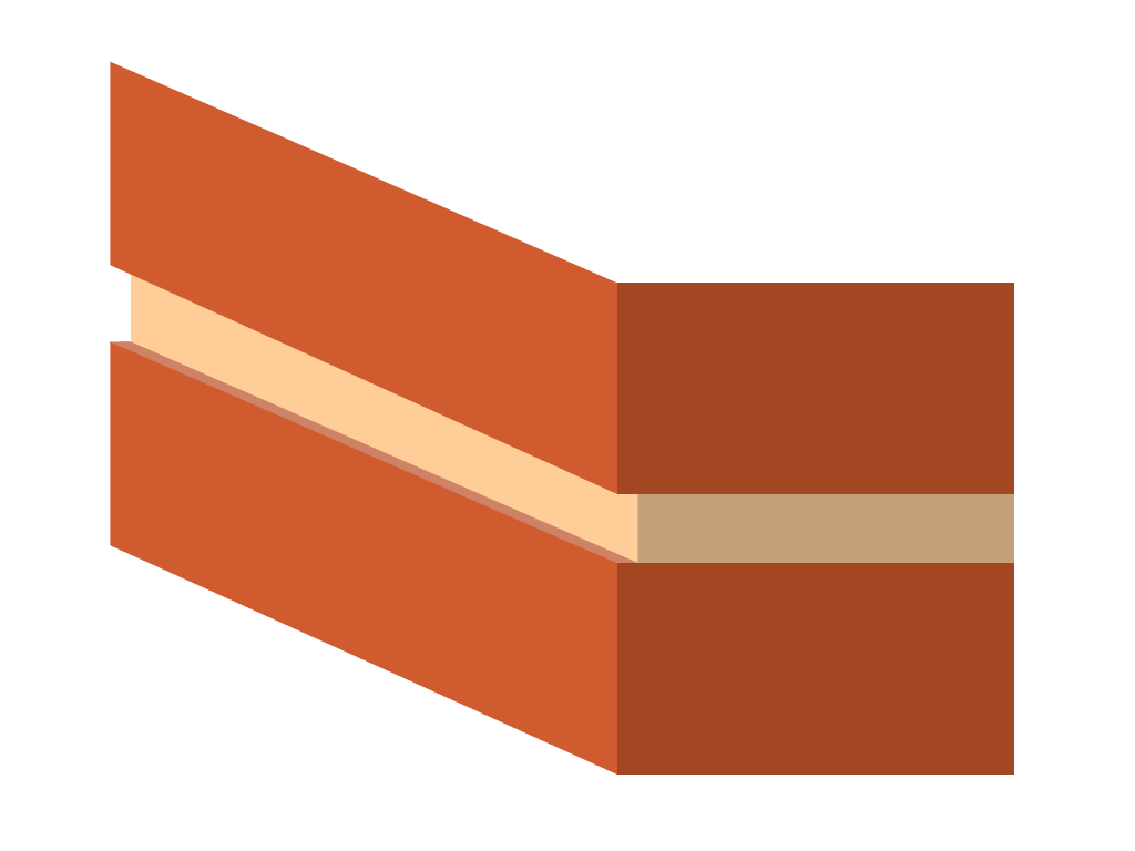 A drawing of a recessed (also known as raked) brick mortar joint profile. The mortar sits approximately 2-5mm behind the brick faces, leaving the brick bed exposed.