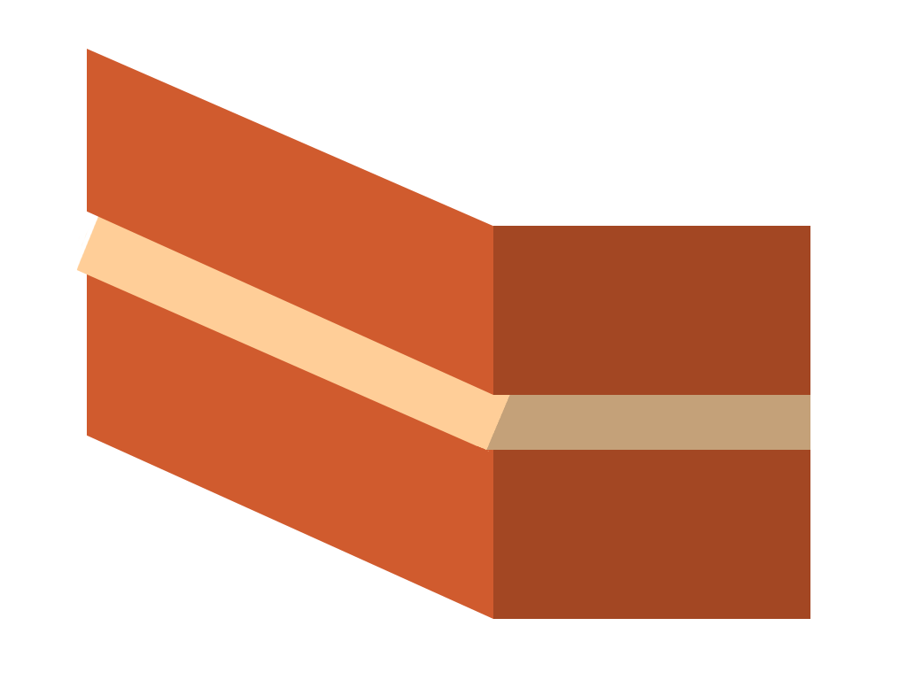 A drawing of a weather struck and cut brick mortar joint profile. The mortar is compressed slightly at the top of the joint and struck down and out past the lower brick. leaving a protruded, angled finish.