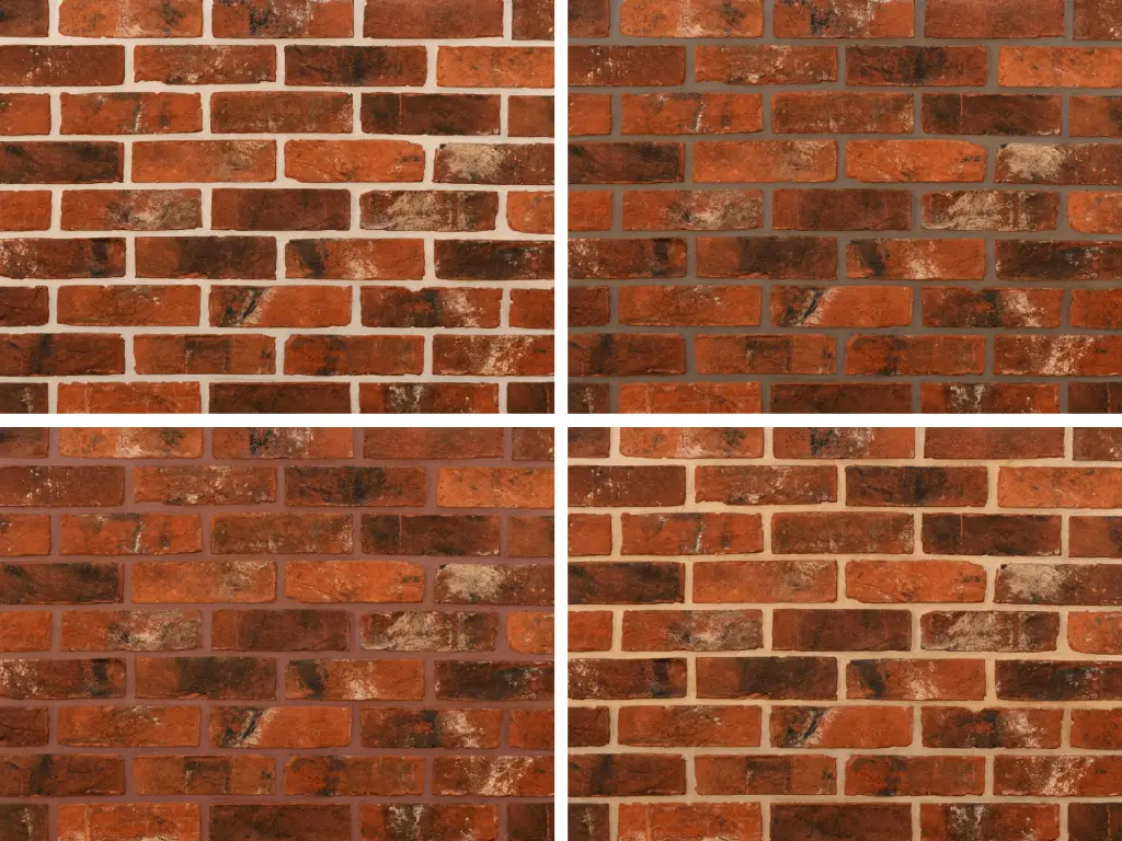 Comparison of brick mortar colours with multi-colour bricks (Imperial's Olde Reclamation Shire) in a grid format, showing white, charcoal, red and buff mortars.