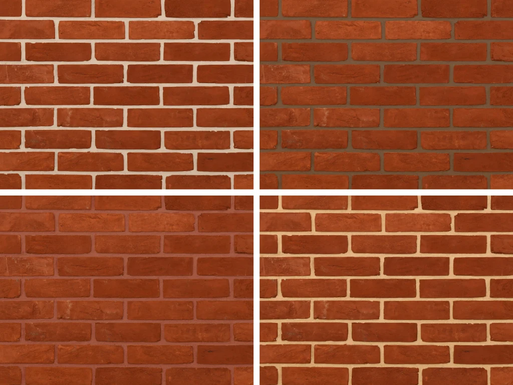 Comparison of brick mortar colours with red rubber bricks in a grid format, showing white, charcoal, red and buff mortars.