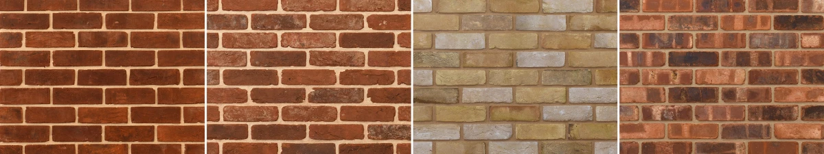 Different types of brick finishes shown side by side, on handmade and pressed bricks. The finishes include weathering, tumbling, pale washing.