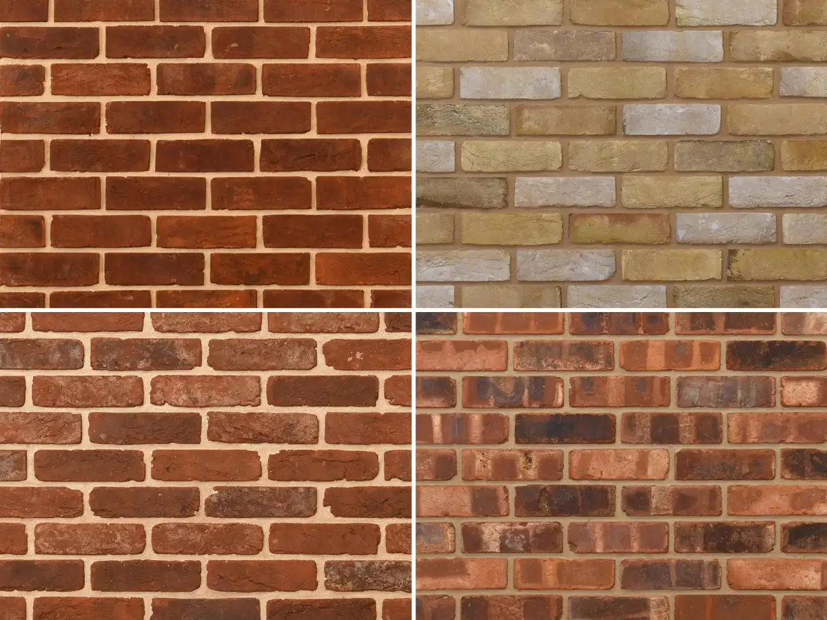 Different types of brick finishes shown in a grid format, on handmade and pressed bricks. The finishes include weathering, tumbling, pale washing.