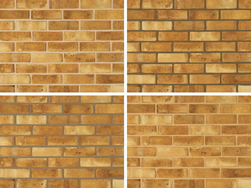 Comparison of brick mortar colours with London yellow stock bricks in a grid format, showing white, charcoal, grey and buff mortars.