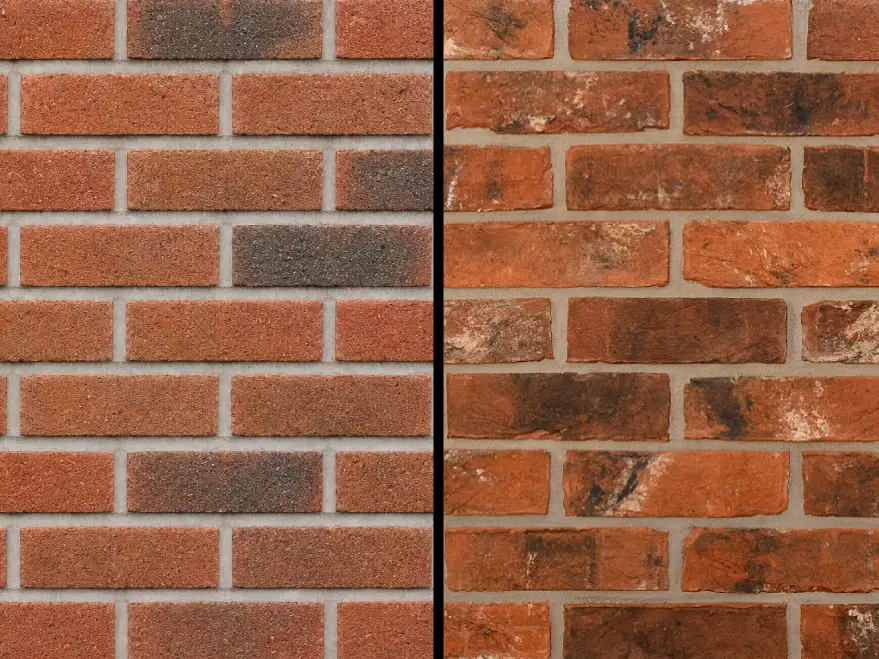 Illustrative comparison of concrete facing bricks against clay facing bricks. Both are red/brown colours and shown in a wall with a grey mortar.