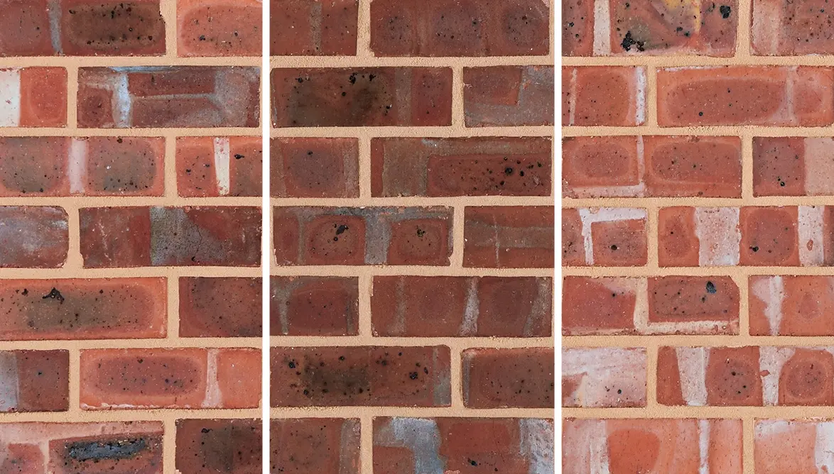 Side by side comparison of three different weathered blend finishes that can be achieved with dual faced bricks. Left shows a 50/50 blend of plain and weathered faces, middle has all weathered faces, and right is all plain faces.